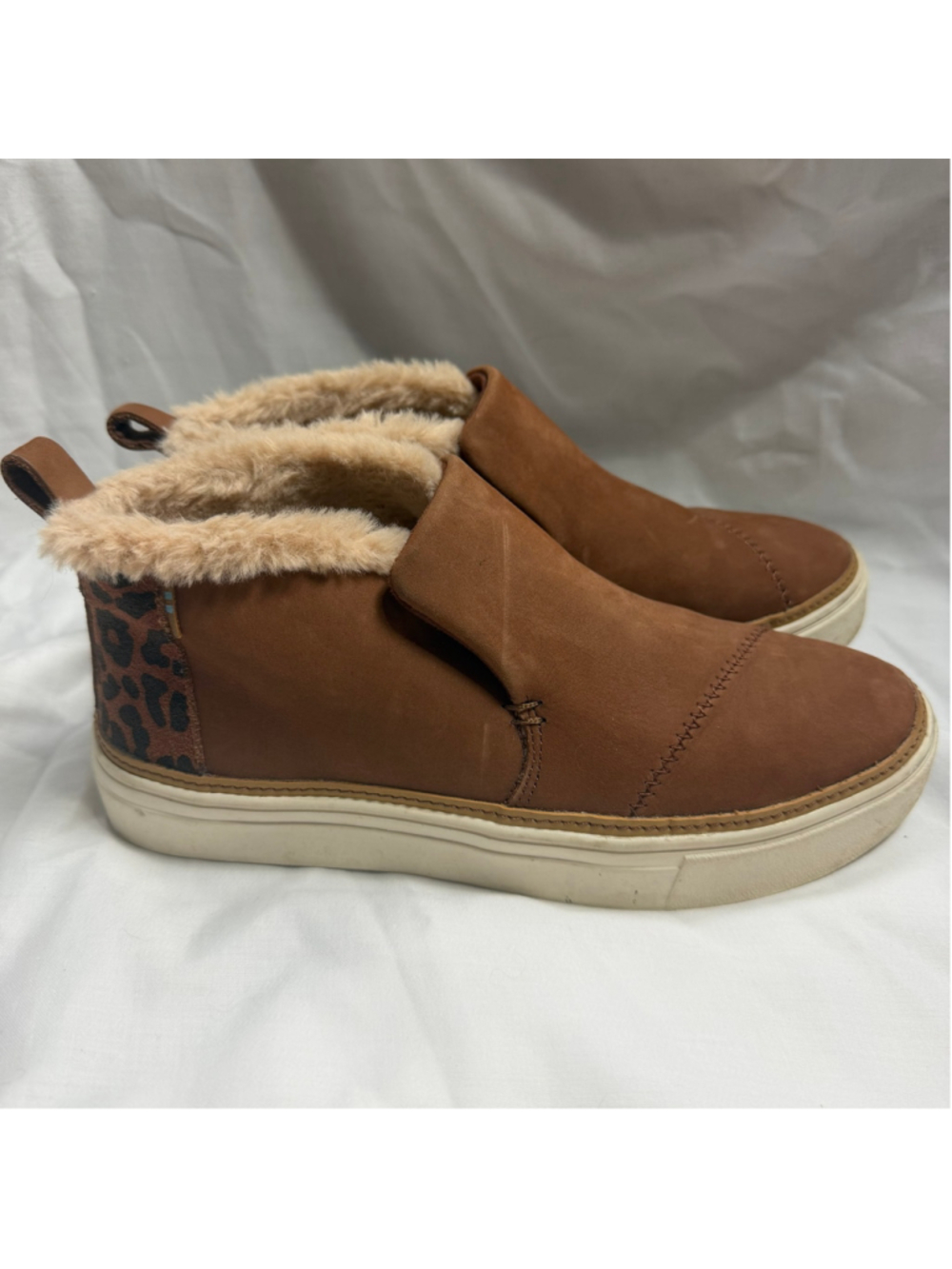 TOMS Brown Suede Faux Fur Lined Leopard Print Slip On Ankle Booties 7 Platform